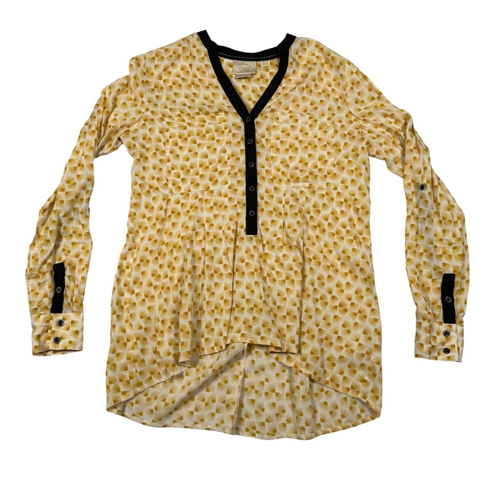 Vanessa Virginia Anthropologie Yellow Fan Print Boho Roll Tab Blouse Size 0